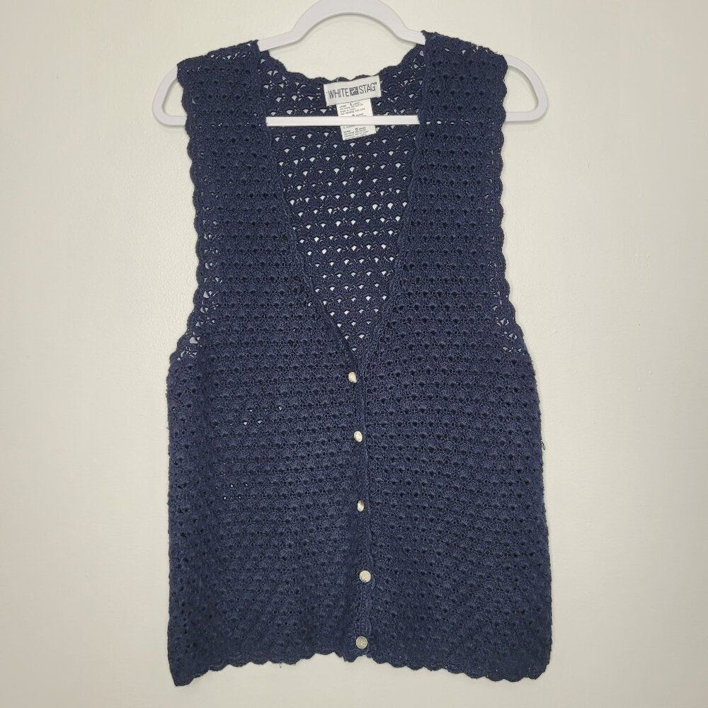 Vintage 90s dark blue open knit button front cottage prairie boho button vest L